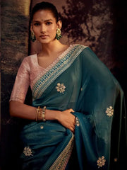 Awesome Blue Sequin Silk Party Wear Saree With Blouse