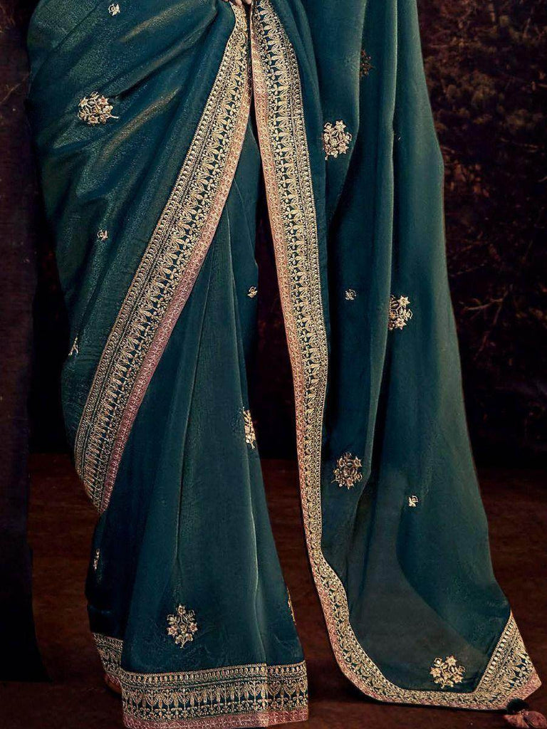 Awesome Blue Sequin Silk Party Wear Saree With Blouse