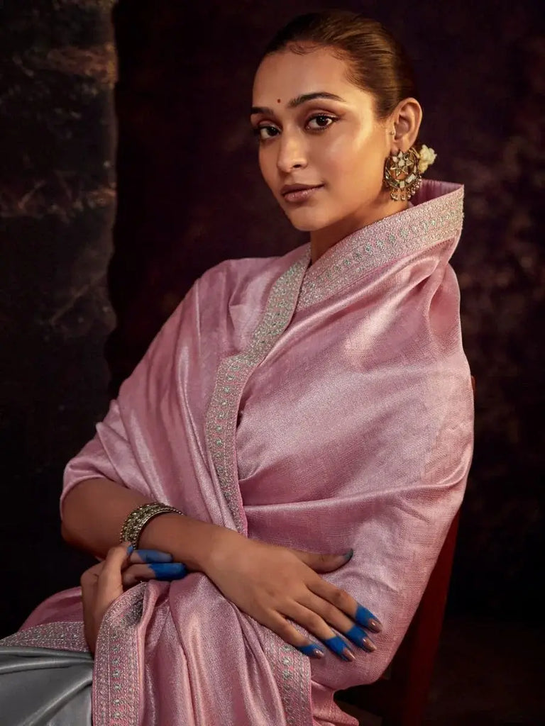 Amazing Pink Heavy Lace Work Silk Party Wear Saree With Blouse