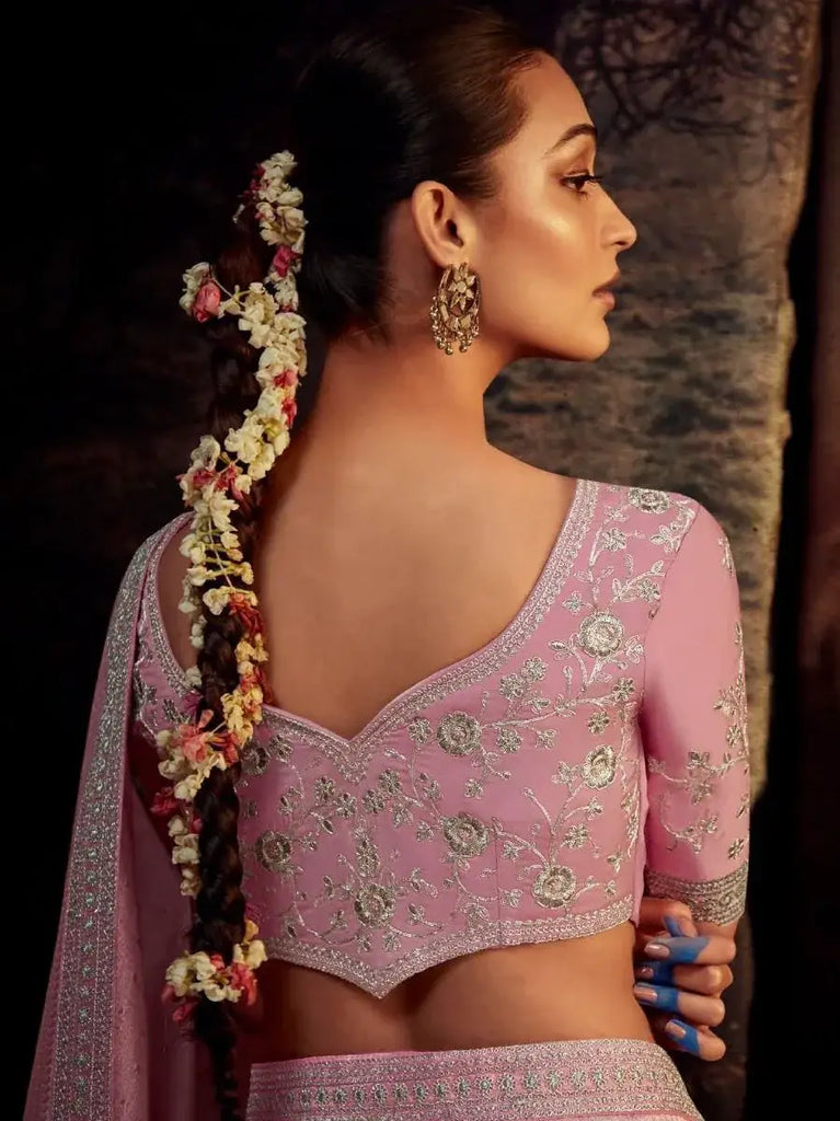 Amazing Pink Heavy Lace Work Silk Party Wear Saree With Blouse