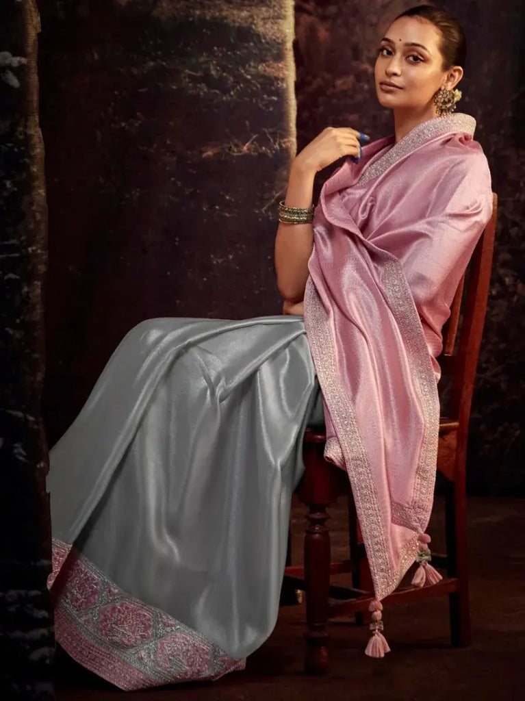Amazing Pink Heavy Lace Work Silk Party Wear Saree With Blouse
