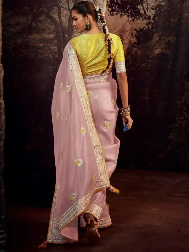 Pretty Pink Sequins Banglory Silk Festival Wear Saree With Blouse