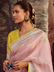 Pretty Pink Sequins Banglory Silk Festival Wear Saree With Blouse