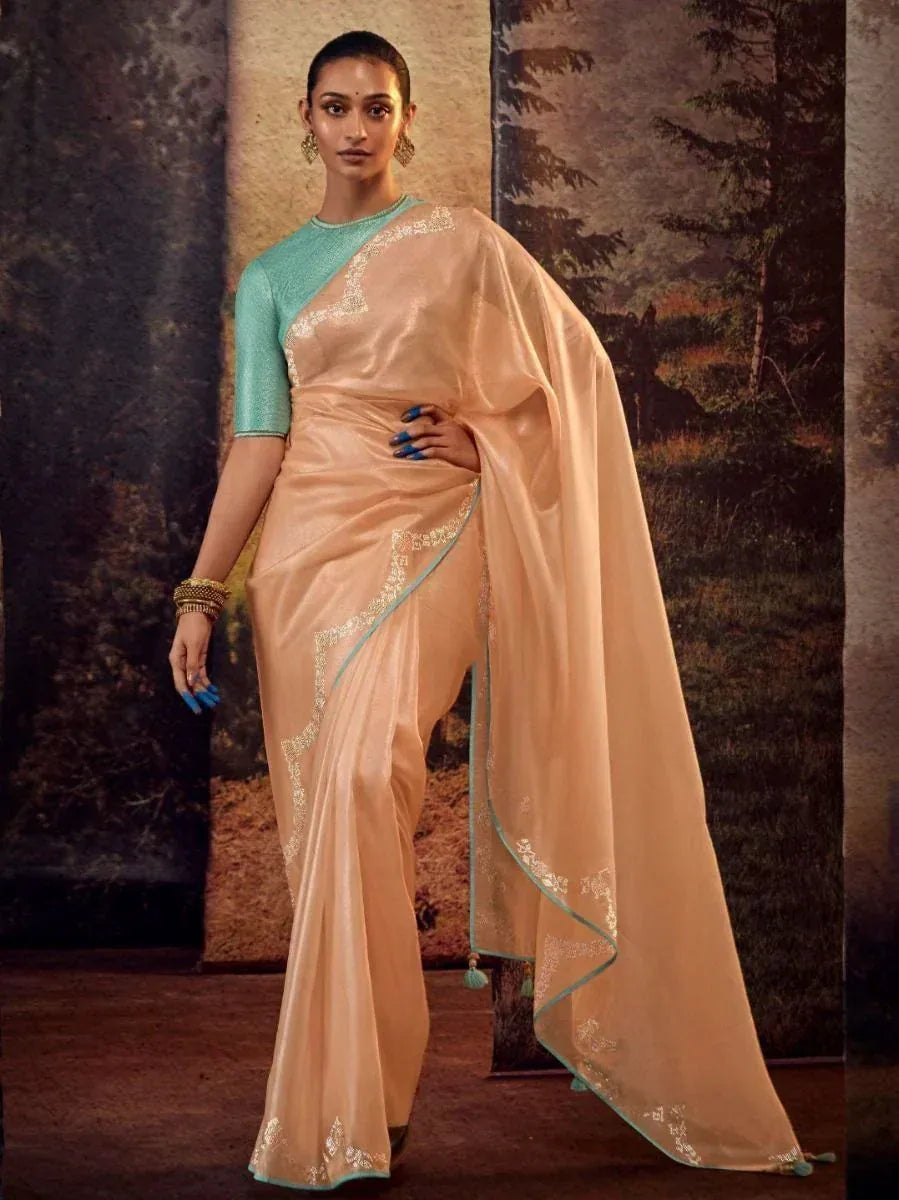 Peach saree with gold embroidery and mint green blouse, Indian ethnic wear for women