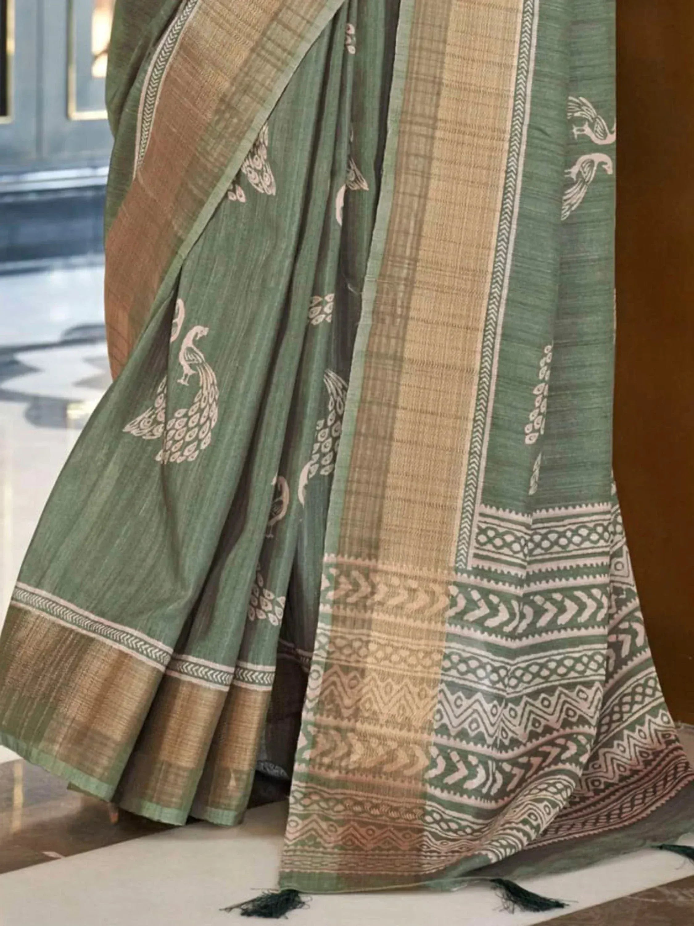 Green ethnic saree with peacock print and woven border, Indian designer wear