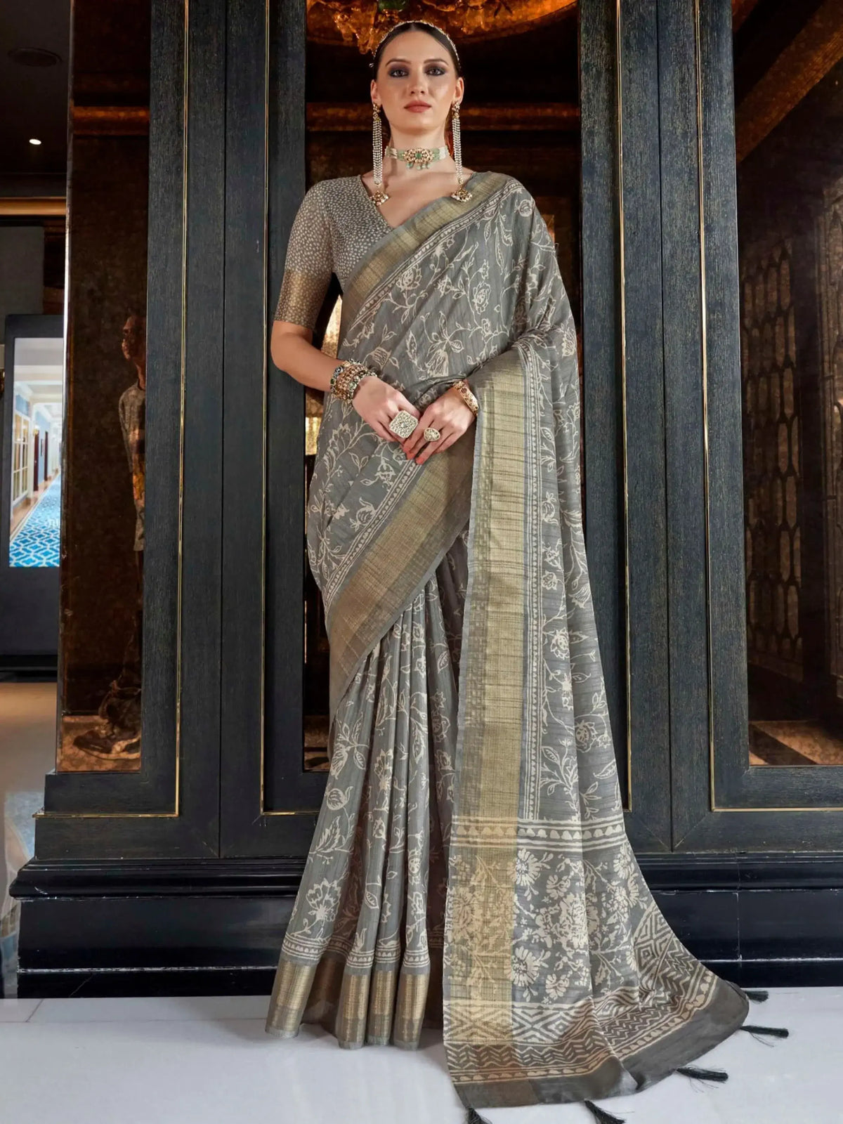 Alluring Grey Color Digital Printed Silk Function Wear Saree With Blouse