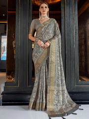 Alluring Grey Color Digital Printed Silk Function Wear Saree With Blouse