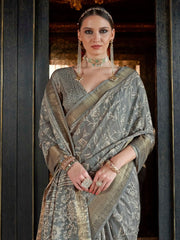 Alluring Grey Color Digital Printed Silk Function Wear Saree With Blouse