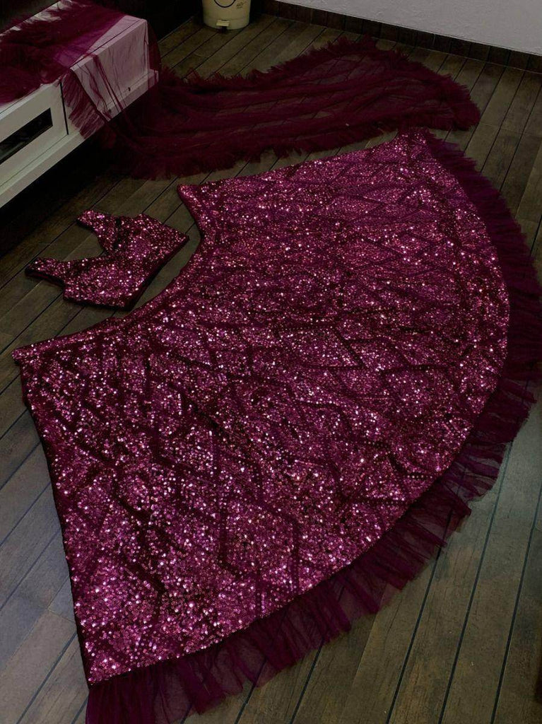 Remarkable Purple Sequins Velvet Party Wear Ruffle Lehenga Choli