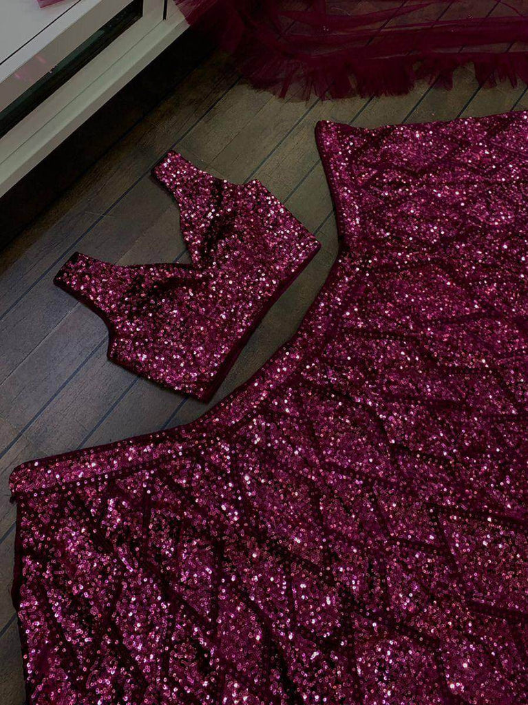 Remarkable Purple Sequins Velvet Party Wear Ruffle Lehenga Choli