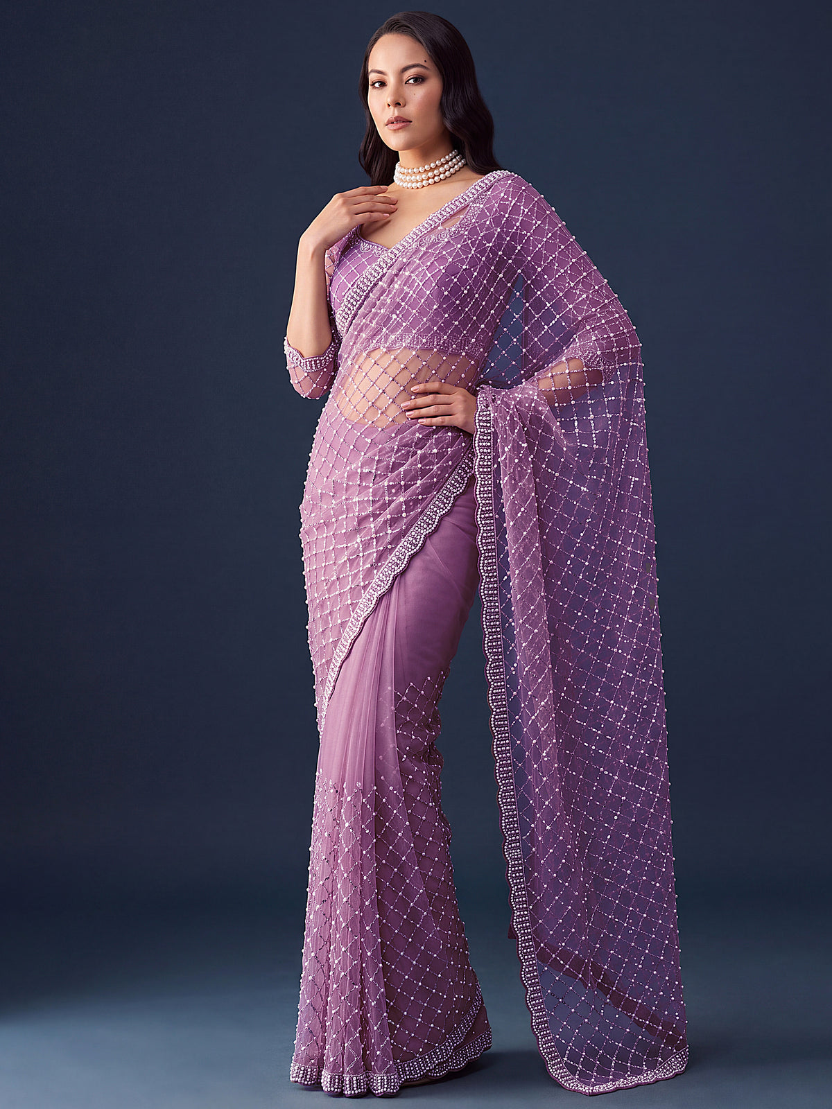 breathtaking Lavender Sequins Net Party Wear Saree With Blouse