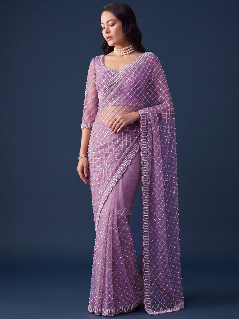 breathtaking Lavender Sequins Net Party Wear Saree With Blouse