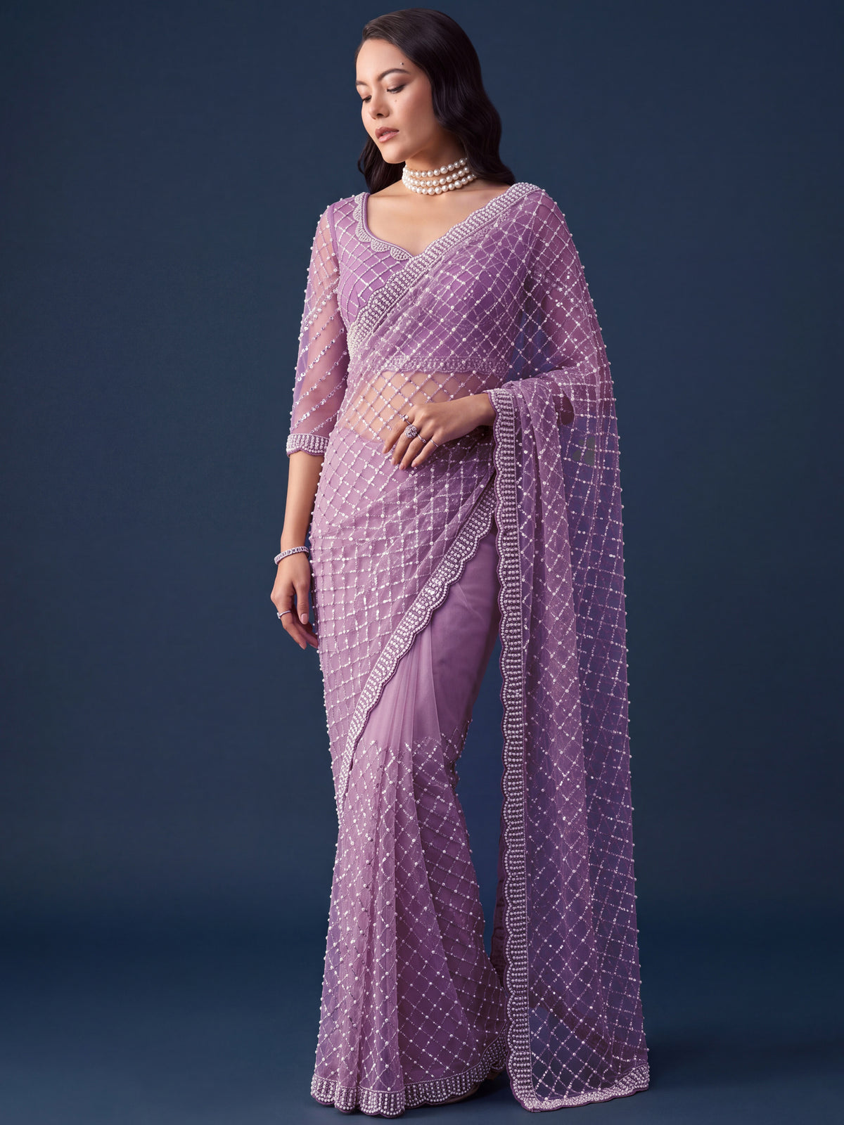 breathtaking Lavender Sequins Net Party Wear Saree With Blouse
