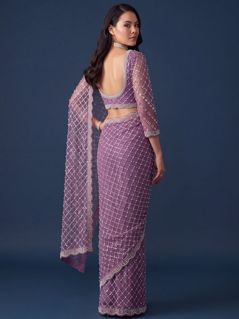 breathtaking Lavender Sequins Net Party Wear Saree With Blouse