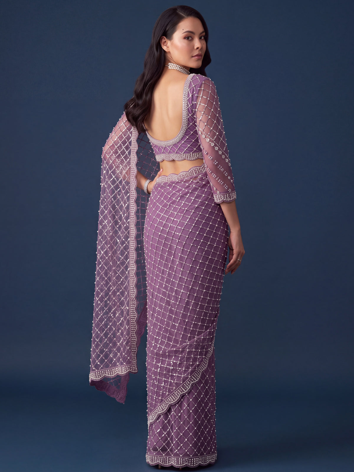 breathtaking Lavender Sequins Net Party Wear Saree With Blouse