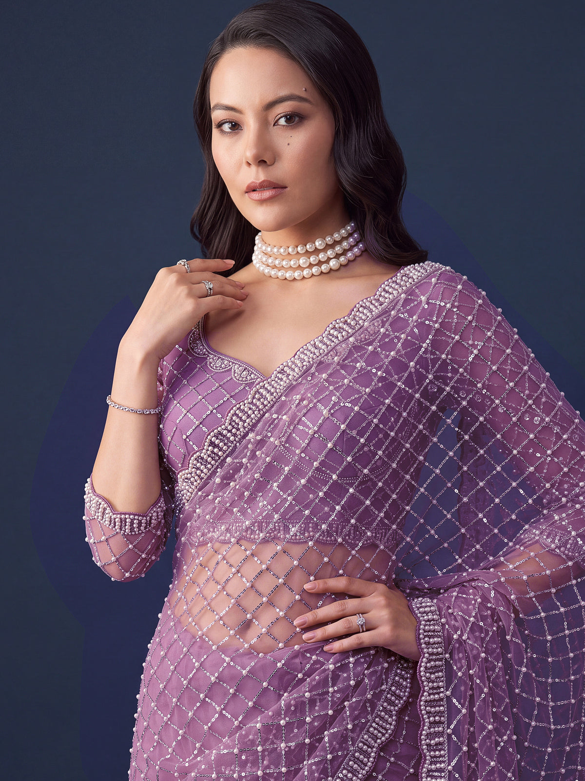 breathtaking Lavender Sequins Net Party Wear Saree With Blouse