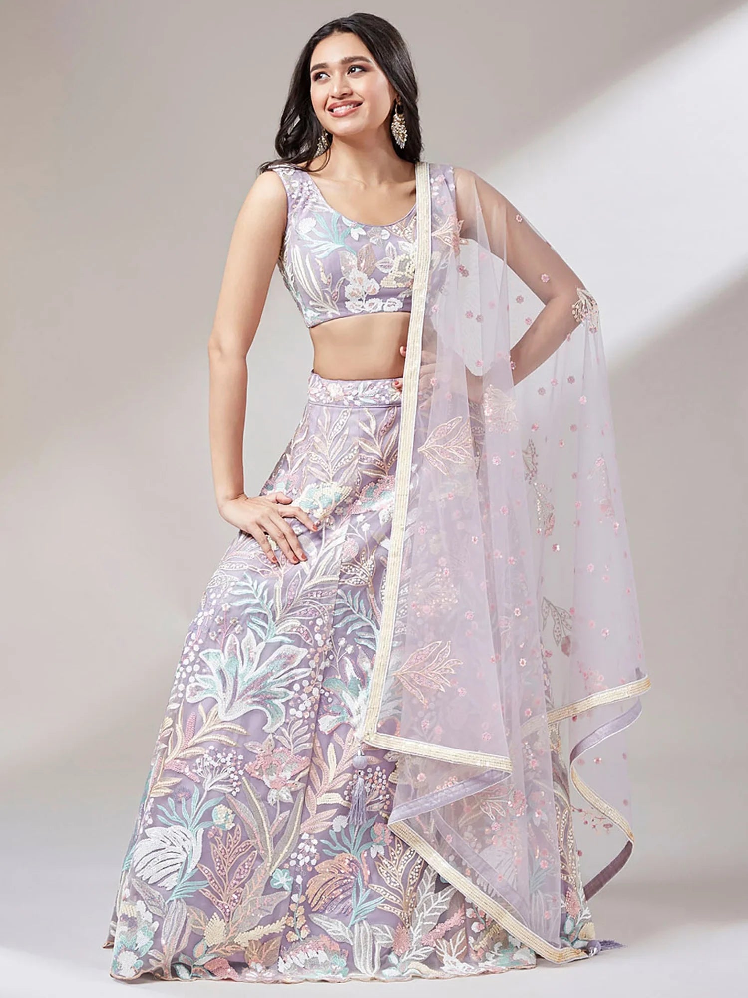 Captivating Lavender Sequins Soft Net Reception Wear Lehenga Choli