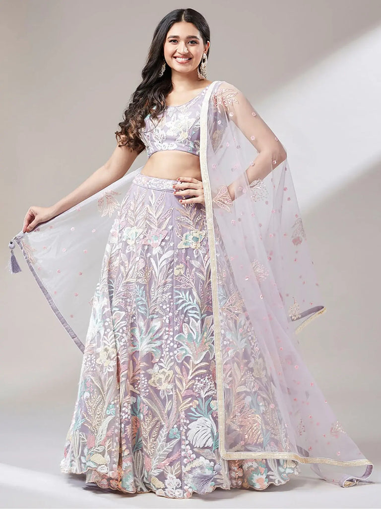 Captivating Lavender Sequins Soft Net Reception Wear Lehenga Choli