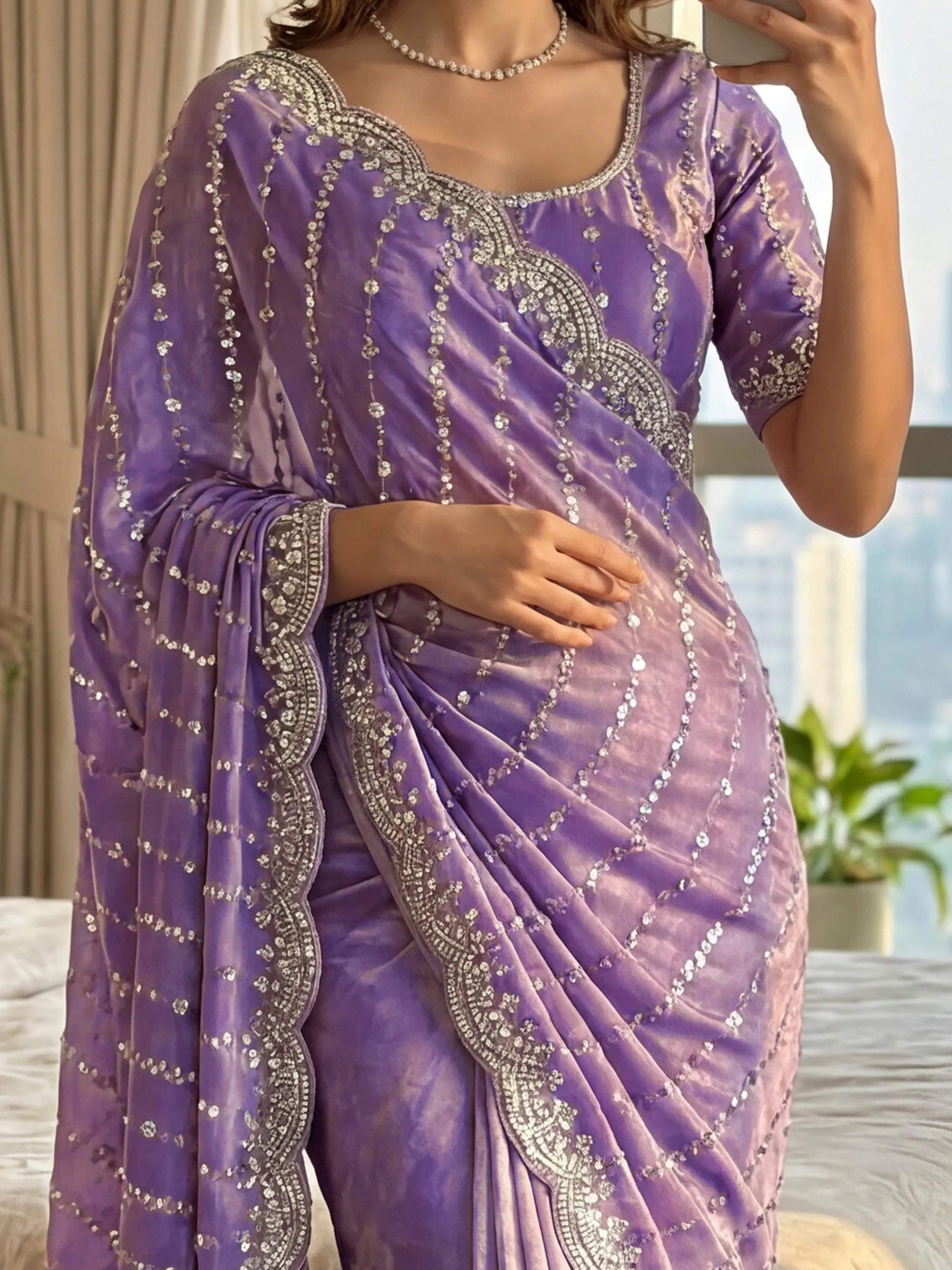 Wonderful Lavender Sequins Satin Reception Wear Saree With Blouse