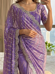 Wonderful Lavender Sequins Satin Reception Wear Saree With Blouse