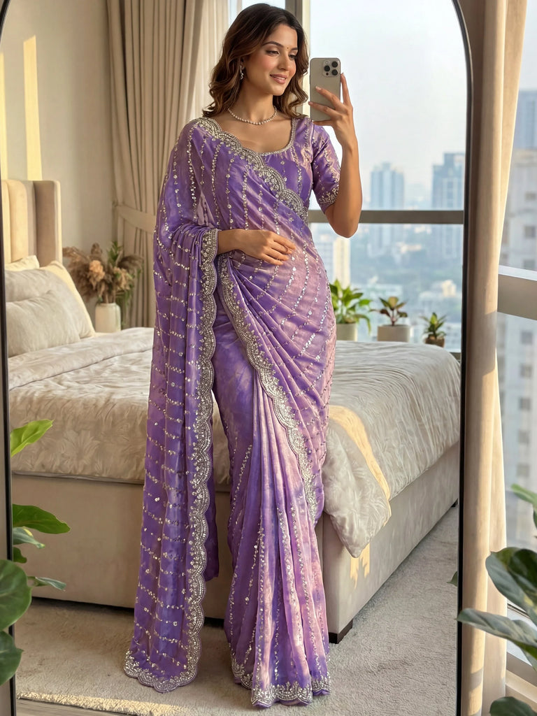 Wonderful Lavender Sequins Satin Reception Wear Saree With Blouse