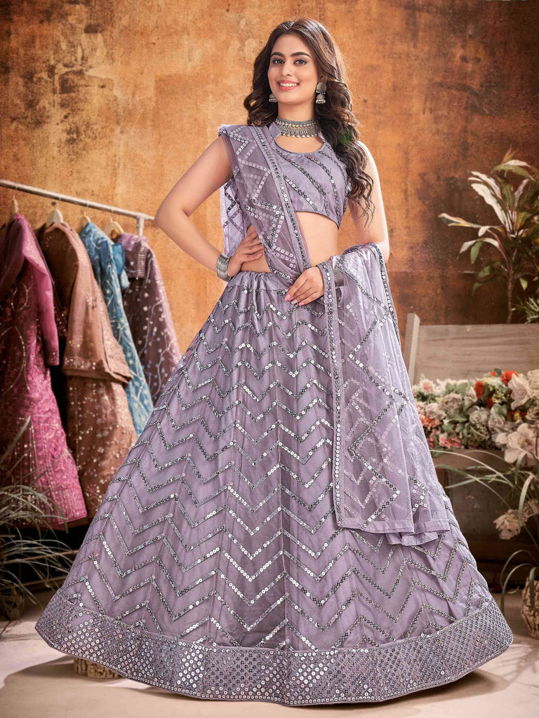 Glamorous Lavender Net Sequins Wedding Wear Lehenga Choli With Dupatta