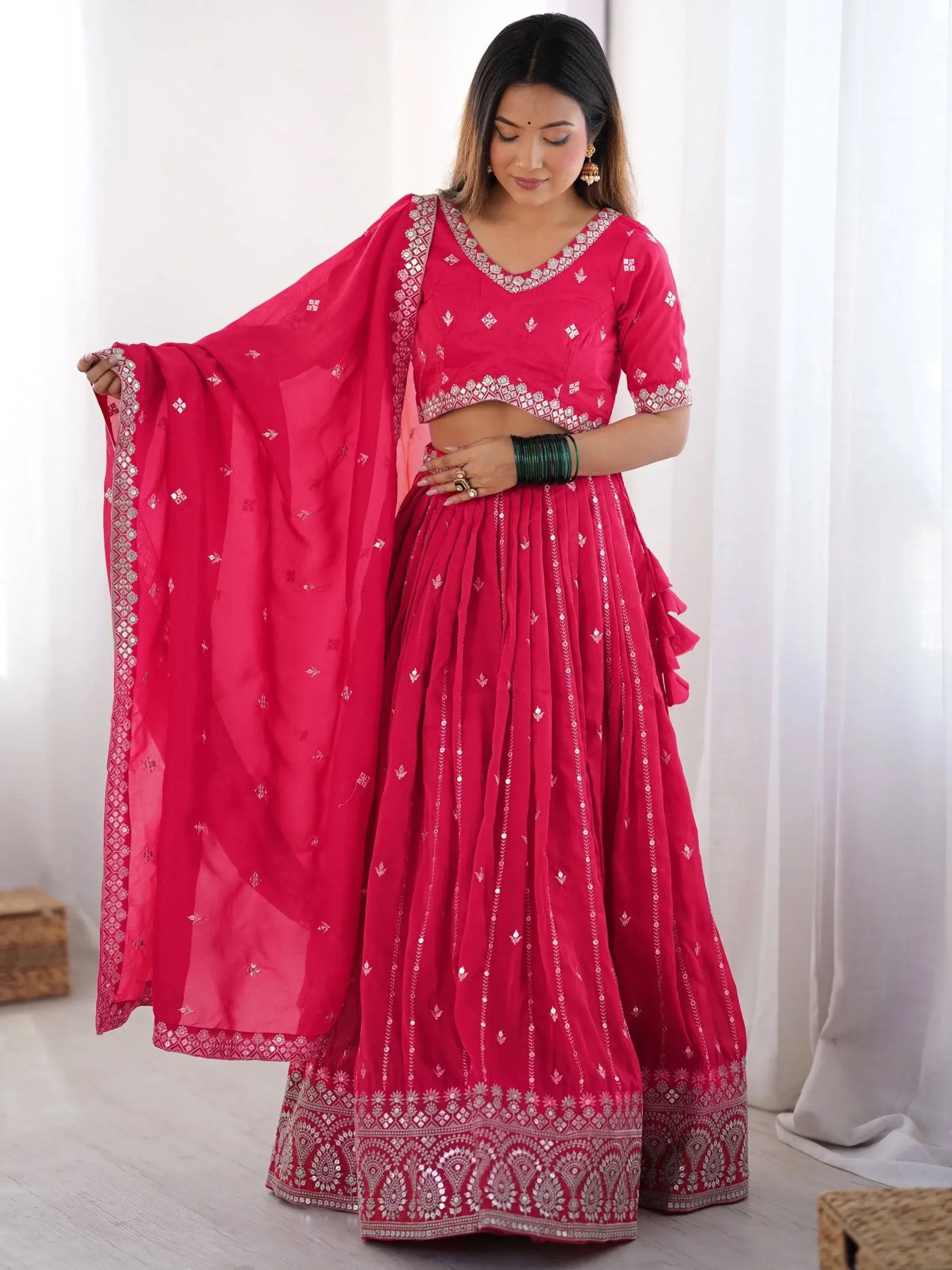 Pink designer lehenga choli with mirror work and dupatta, ethnic Indian wear for women