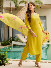 Precious Yellow Rayon Embroidered Straight Suit With Printed Dupatta