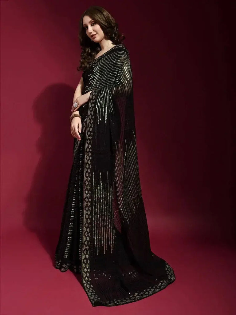 Adorable Black Georgette Stylish Light Green Sequins Work Fancy Kitty Party Wear Saree