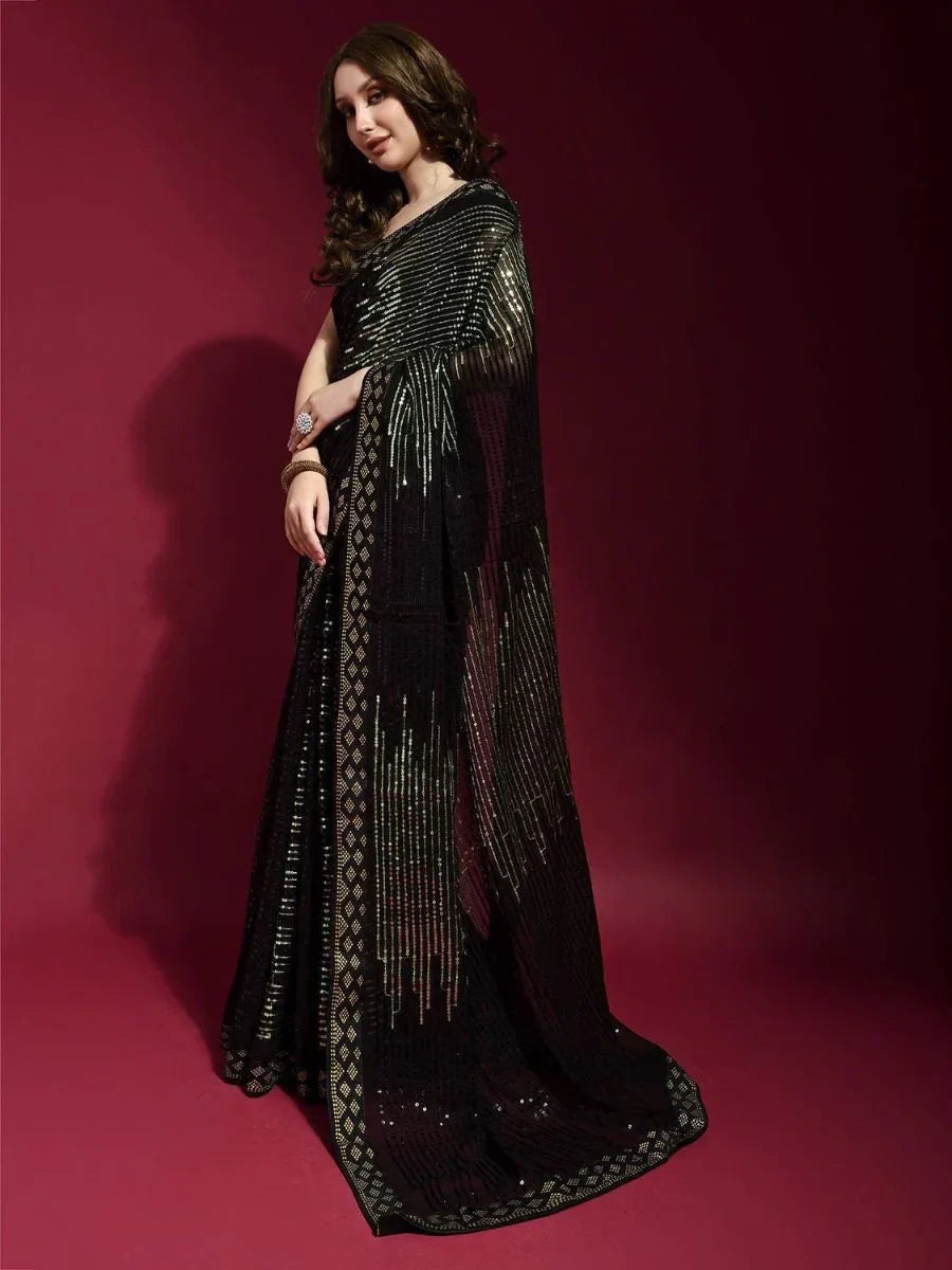 Adorable Black Georgette Stylish Light Green Sequins Work Fancy Kitty Party Wear Saree