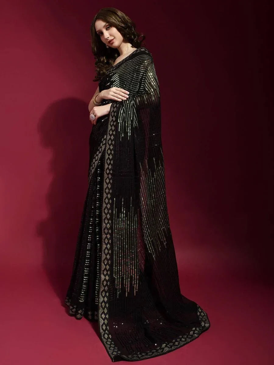 Adorable Black Georgette Stylish Light Green Sequins Work Fancy Kitty Party Wear Saree