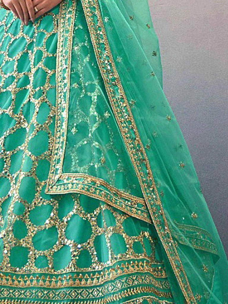 Engrossing Teal Green Sequined Butterfly Net Engagement Lehenga Choli