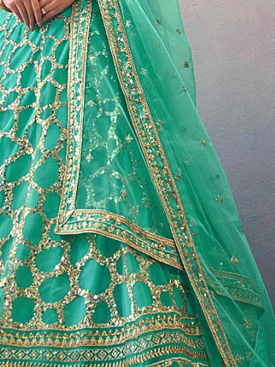 Emerald green lehenga choli with gold embroidery and sheer dupatta, Indian ethnic wear