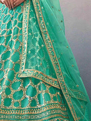 Engrossing Teal Green Sequined Butterfly Net Engagement Lehenga Choli