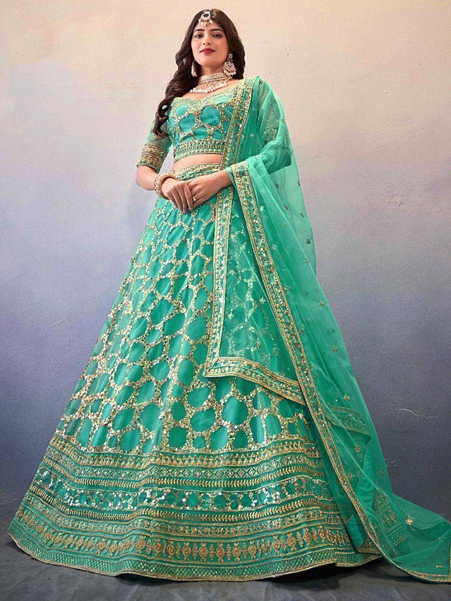 Emerald green designer lehenga choli with gold embroidery and net dupatta for Indian weddings