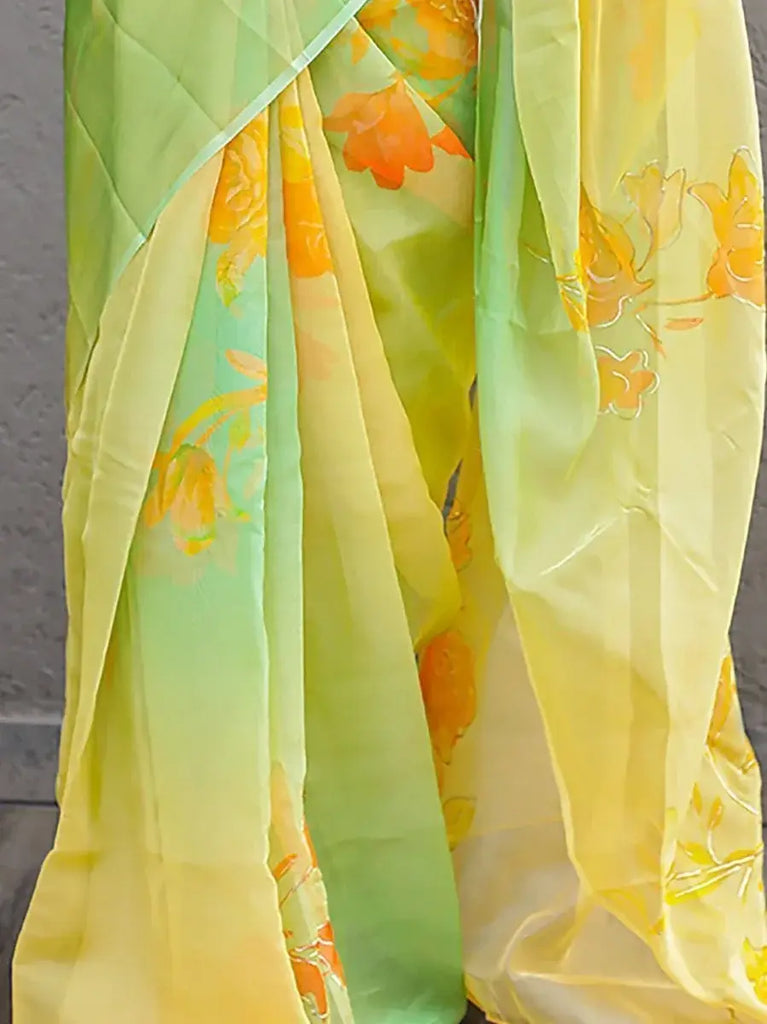 Dazzling Limegreen Floral Printed Organza Party Wear Saree With Blouse