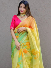 Dazzling Limegreen Floral Printed Organza Party Wear Saree With Blouse