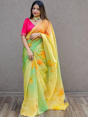 Dazzling Limegreen Floral Printed Organza Party Wear Saree With Blouse