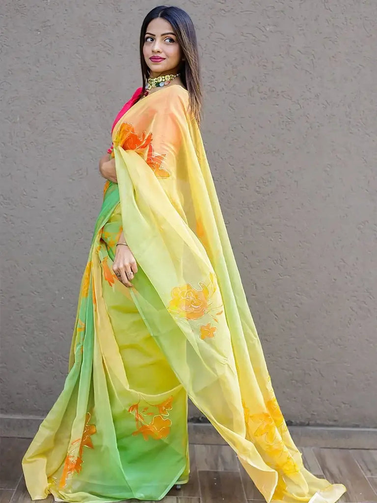 Dazzling Limegreen Floral Printed Organza Party Wear Saree With Blouse