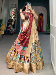 Marvelous Cream Kalamkari Printed Dola Silk Lehenga Choli With Dupatta