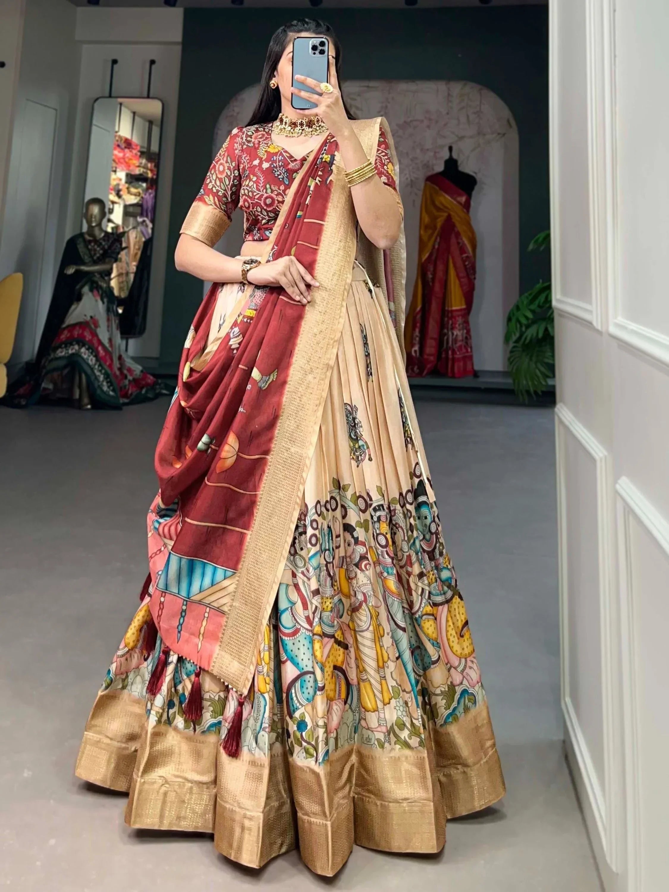 Marvelous Cream Kalamkari Printed Dola Silk Lehenga Choli With Dupatta