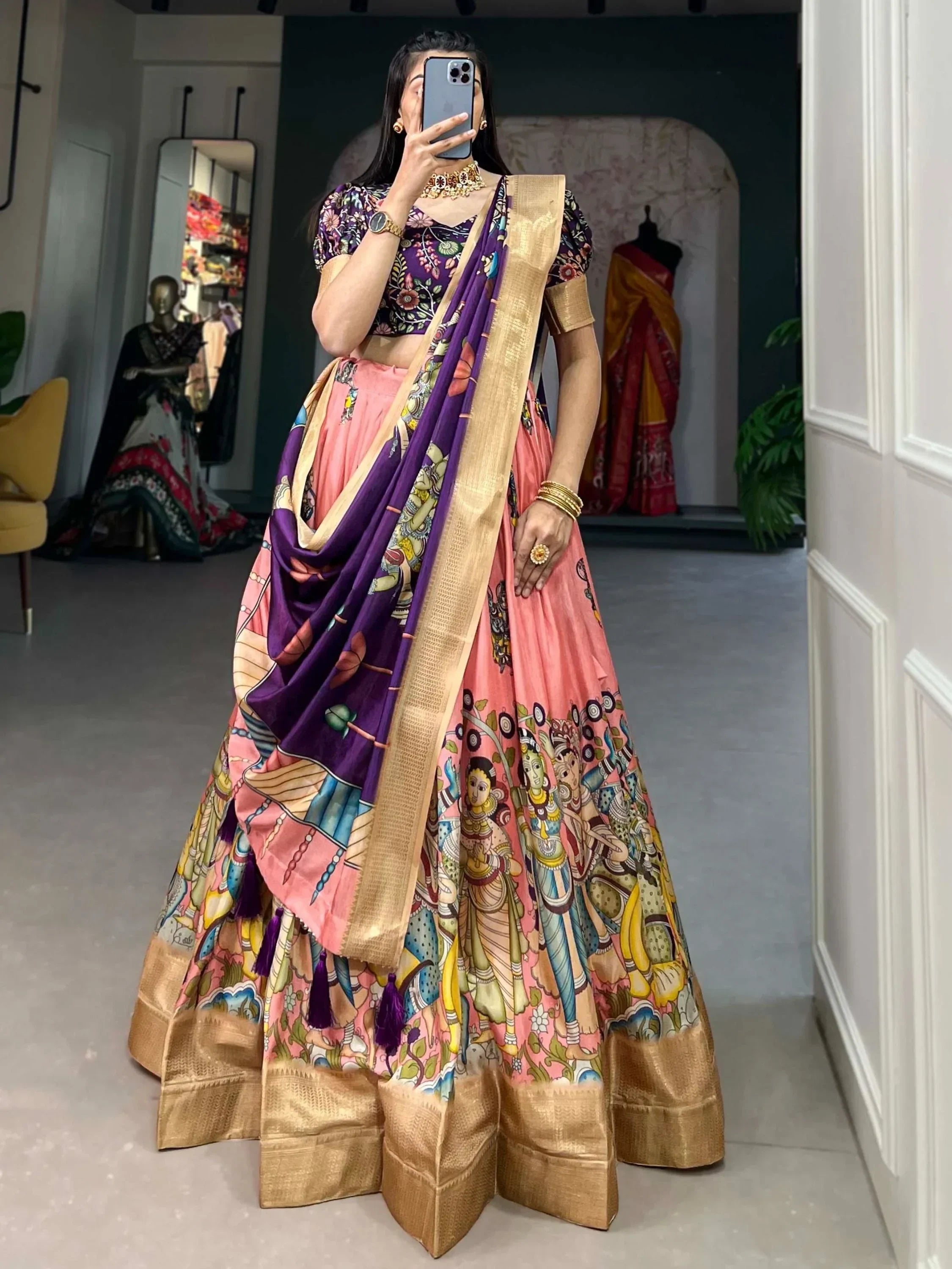Amazing Peach Kalamkari Printed Dola Silk Festival Wear Lehenga Choli