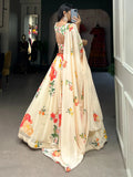 Stunning Cream Floral Printed Georgette Sangeet Wear Lehenga Choli
