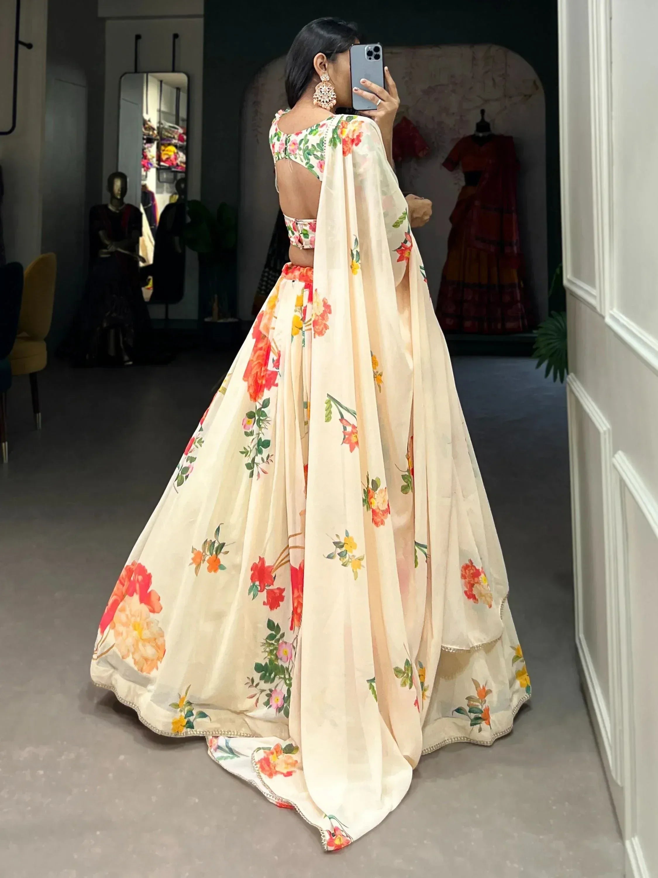 Floral print lehenga choli with backless blouse, perfect for Indian ethnic wear occasions
