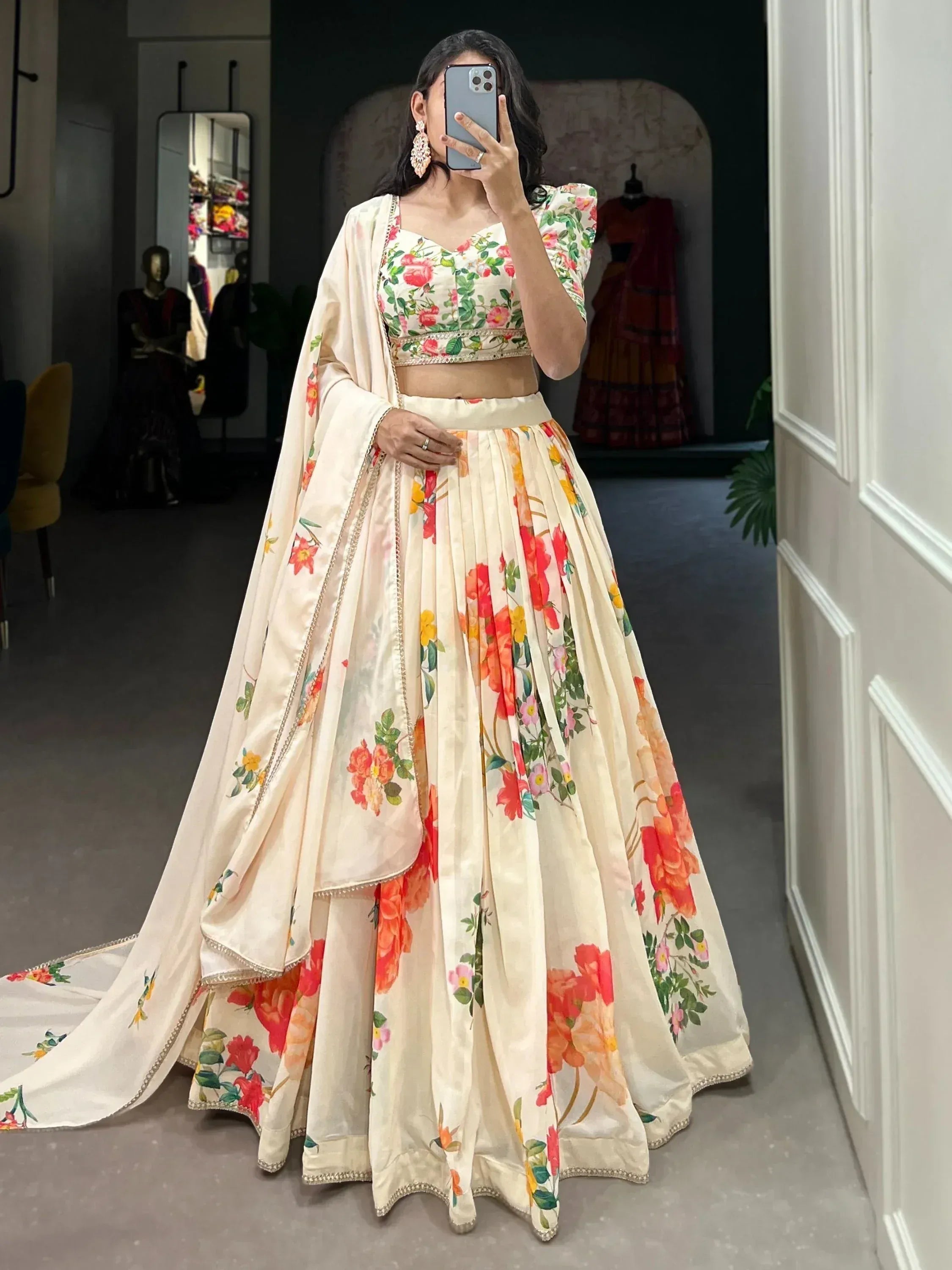 Floral print lehenga choli with puff sleeves, perfect for Indian ethnic wear and festive occasions.