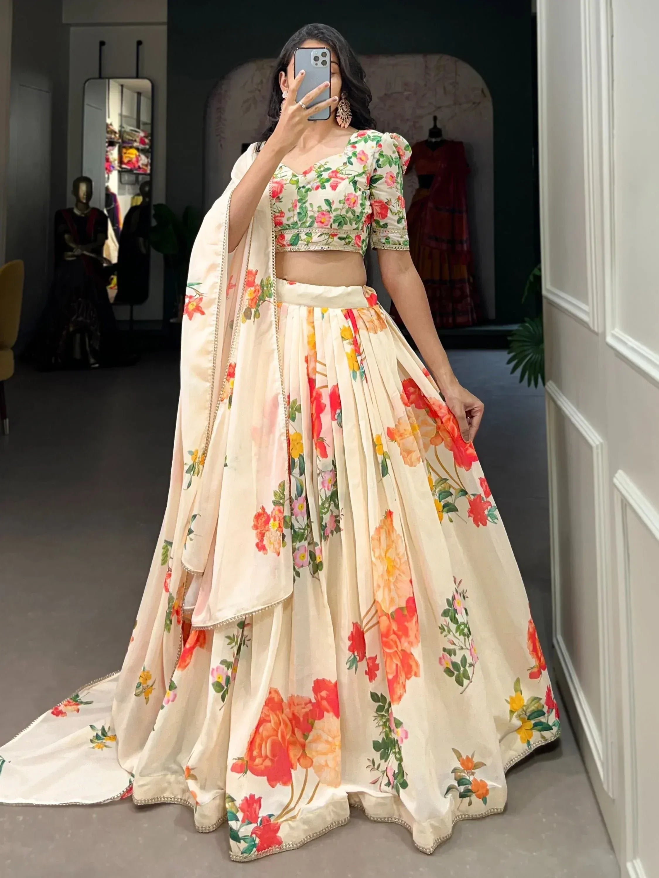 Floral printed lehenga choli with elegant dupatta, perfect for ethnic occasions