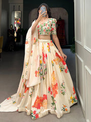 Stunning Cream Floral Printed Georgette Sangeet Wear Lehenga Choli