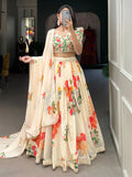 Stunning Cream Floral Printed Georgette Sangeet Wear Lehenga Choli