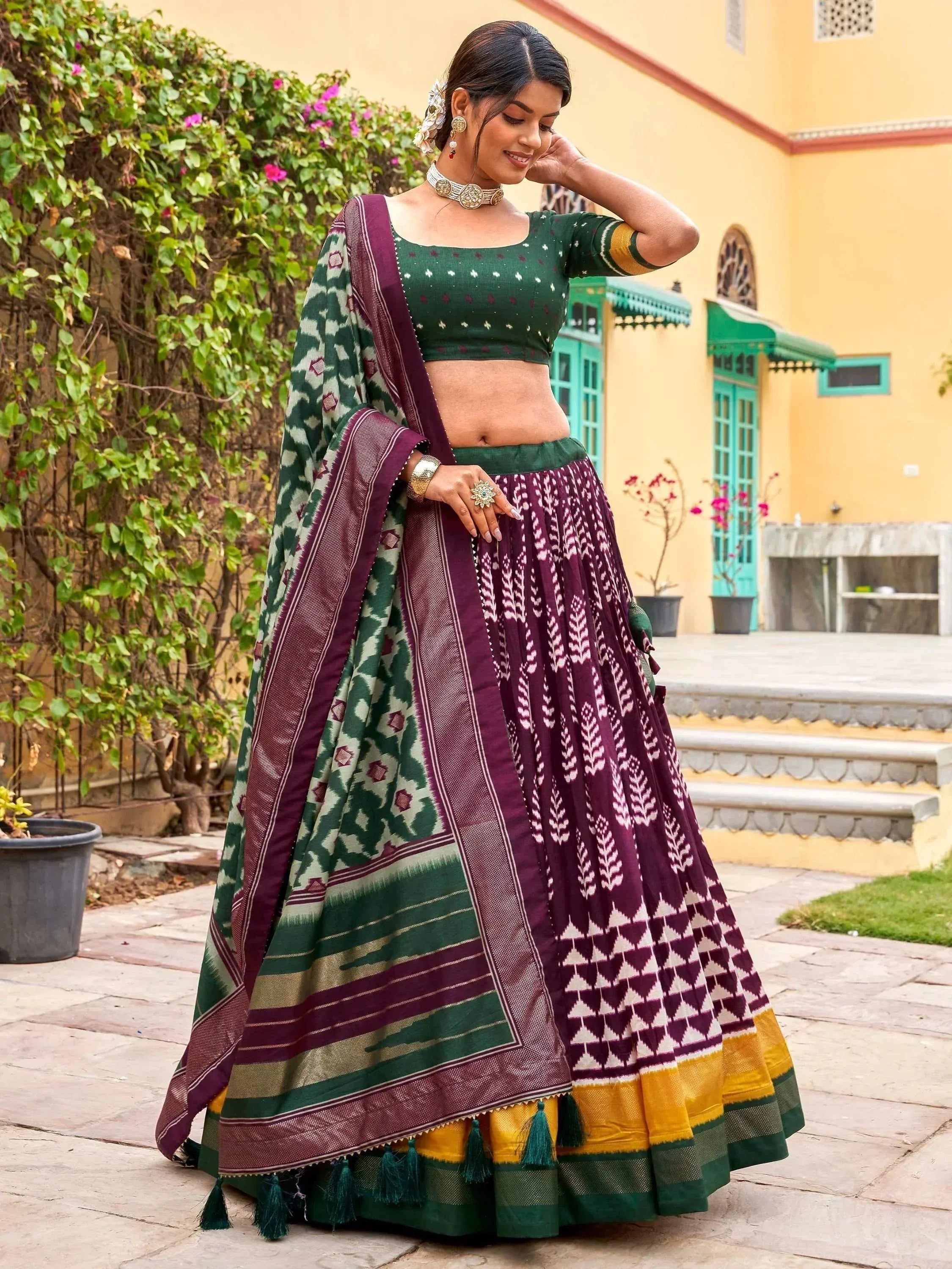 Green and maroon ikat lehenga choli with dupatta, ethnic Indian wear for women