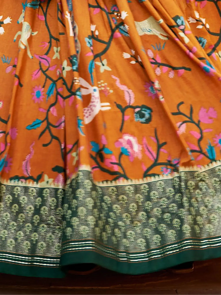 Magnetic Mustard Yellow Printed Silk Lehenga Choli With Dupatta